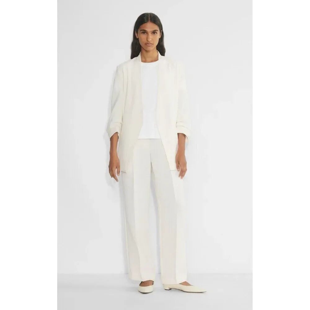 Babaton New Power Hip Solid Ivory Mirror Crepe Long Sleeve Blazer Jacket 4 Small